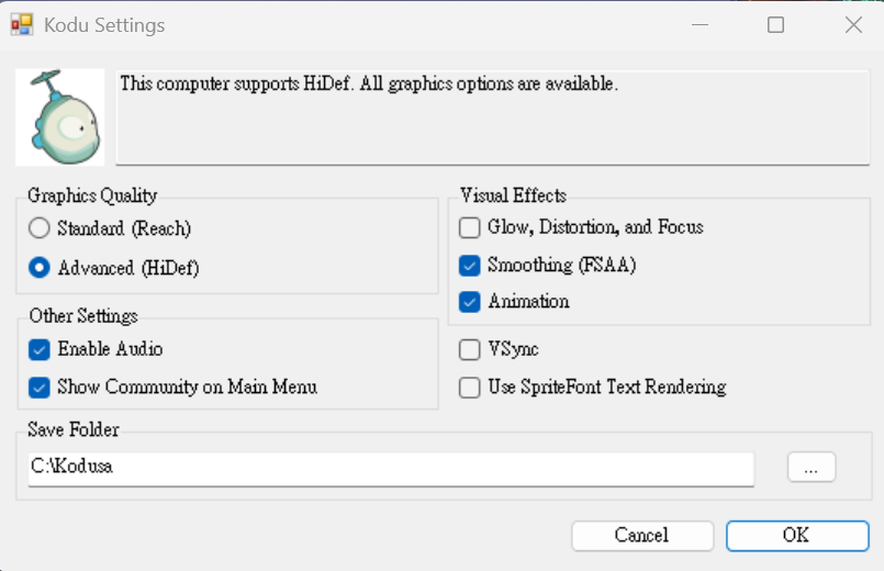 Kodu Settings Window